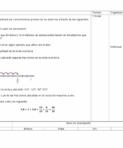 Hoja de cálculo Excel con tabla que contiene Planeaciones Matematicas 1 Secundaria (Plan 2011) 2do. Detalles de actividad trimestral e indicadores de desempeño, y un gráfico que ilustra operaciones aritméticas con fracciones.