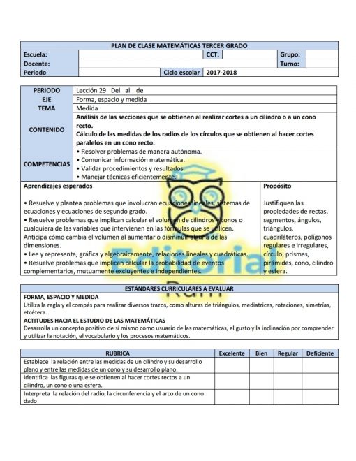 Imagen de un documento detallado del plan de lecciones de español para "Planeaciones Secundaria Matematicas 3 Trimestre 3 (PLAN 2017)" centrado en matemáticas para el año académico 2017-2018.
