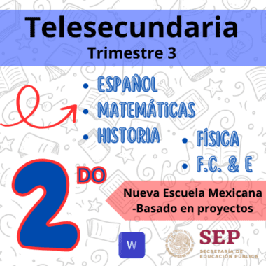 Gráfico educativo colorido titulado "Planeaciones Telesecundaria Segundo Grado Ciclo 2023–2024 Plan 2022 (Tercer Trimestre)" que enumera temas: Español, Matemáticas, Historia, Física, F.C. & E. Muestra el nivel "2do" (Segundo Grado) para el Ciclo 2023–2024 y anota "Nueva Escuela Mexicana - Basado en proyectos". Logotipo de SEP y símbolos de fondo de la educación.
