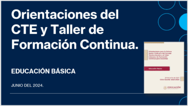 Imagen de una diapositiva de presentación en español con el título "Orientaciones del CTE y Taller de Formación Continua". La diapositiva también incluye subtextos, "Educación Básica", "Junio del 2024" y una imagen en miniatura de un documento titulado "Orientaciones para la Octava Sesión Ordinaria del Consejo Técnico Escolar y del Taller Intensivo de Formación Continua para Docentes".