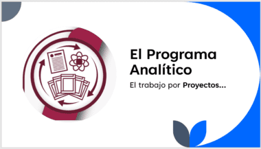 Un gráfico circular tiene iconos que representan un documento, un átomo y varias etapas del proyecto. A la derecha, el texto en negrita dice "El Programa Analítico" con texto más pequeño debajo "El trabajo por Proyectos..." El fondo es blanco con formas abstractas azules y grises.