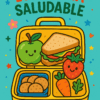Portada ilustrada con una lonchera colorida que contiene una manzana sonriente, un sándwich, una fresa, una zanahoria y galletas. El texto superior dice "Lonchera Saludable" y el inferior, "100 Menús Nutritivos". Alrededor, estrellas y corazones sobre un fondo verde azulado.