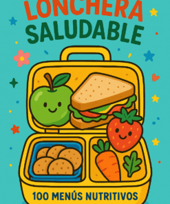 Portada ilustrada con una lonchera colorida que contiene una manzana sonriente, un sándwich, una fresa, una zanahoria y galletas. El texto superior dice "Lonchera Saludable" y el inferior, "100 Menús Nutritivos". Alrededor, estrellas y corazones sobre un fondo verde azulado.