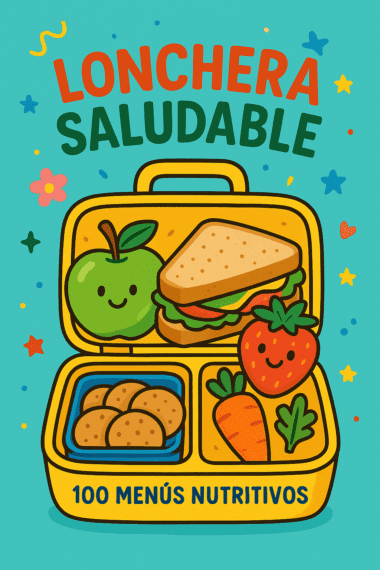 Portada ilustrada con una lonchera colorida que contiene una manzana sonriente, un sándwich, una fresa, una zanahoria y galletas. El texto superior dice "Lonchera Saludable" y el inferior, "100 Menús Nutritivos". Alrededor, estrellas y corazones sobre un fondo verde azulado.