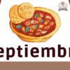 Ilustración de un tazón de pozole con dos tostadas encima, rodeado de cortinas rojas y estrellas amarillas. La palabra 