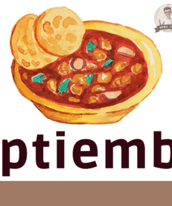 Ilustración de un tazón de pozole con dos tostadas encima, rodeado de cortinas rojas y estrellas amarillas. La palabra 