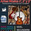 Anuncio colorido de un programa educativo sobre música para estudiantes de 1º a 3º de primaria. El banner incluye imágenes de instrumentos musicales, un ícono de una tableta gráfica, un ícono de Microsoft Word y texto sobre un nuevo modelo educativo para estudiantes de nivel secundario usando Planeaciones Música 1°, 2° y 3° Grado Ciclo Completo / Secundaria.