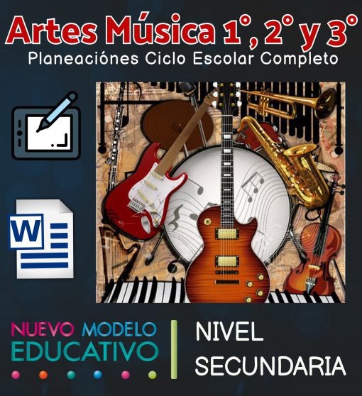 Anuncio colorido de un programa educativo sobre música para estudiantes de 1º a 3º de primaria. El banner incluye imágenes de instrumentos musicales, un ícono de una tableta gráfica, un ícono de Microsoft Word y texto sobre un nuevo modelo educativo para estudiantes de nivel secundario usando Planeaciones Música 1°, 2° y 3° Grado Ciclo Completo / Secundaria.