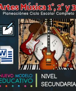 Anuncio colorido de un programa educativo sobre música para estudiantes de 1º a 3º de primaria. El banner incluye imágenes de instrumentos musicales, un ícono de una tableta gráfica, un ícono de Microsoft Word y texto sobre un nuevo modelo educativo para estudiantes de nivel secundario usando Planeaciones Música 1°, 2° y 3° Grado Ciclo Completo / Secundaria.