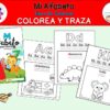 Colorido póster educativo para un libro de colorear y calcar el abecedario en español. Incluye páginas de ejemplo para las letras A, D y K con dibujos y palabras: ambulancia, dinosaurio y koala. Banderola roja e ilustraciones lúdicas.
