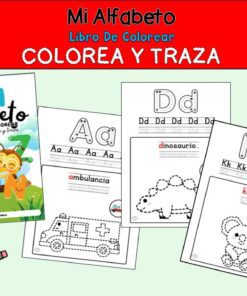 Colorido póster educativo para un libro de colorear y calcar el abecedario en español. Incluye páginas de ejemplo para las letras A, D y K con dibujos y palabras: ambulancia, dinosaurio y koala. Banderola roja e ilustraciones lúdicas.