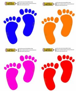 Seis pares de gráficos coloridos "HUELLITAS DE COLORES PARA IMPRIMIR" en azul, naranja, rosa y rojo, cada par sobre un fondo blanco con una regla amarilla y un texto que describe una guía de tallas de pie.