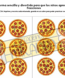 Hoja educativa que muestra ilustraciones de FRACCIONES RECORTABLES DE PIZZA, diseñada para ayudar a los niños a aprender sobre fracciones de manera divertida, con texto en español que sugiere imprimir y practicar.