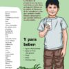 Manual para personas que preparan, distribuyen y venden alimentos en las escuelas !GRATIS PowerPoint Editable! 23 Ilustración de un niño sonriente sosteniendo una manzana, junto a una lista de opciones de alimentos y bebidas nutritivas en español. A la izquierda, hay pimientos verdes y un recuadro que destaca las opciones saludables para la nutrición escolar.