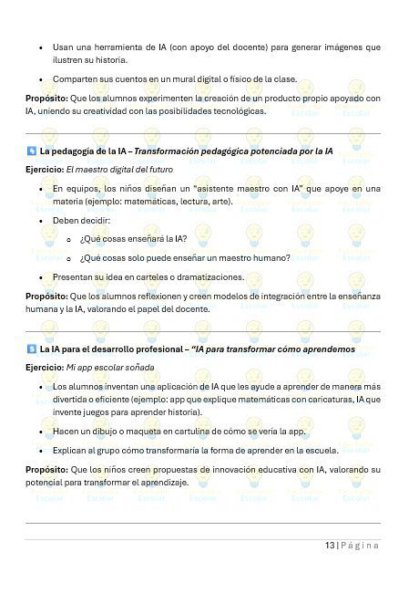 Maual para el uso de IA en el Aula 6 Una página de un documento educativo español titulado "La pedagogía de la IA" con viñetas, ejercicios numerados y texto en recuadros en el que se habla del uso de la inteligencia artificial en la enseñanza y la creación de aplicaciones para estudiantes.