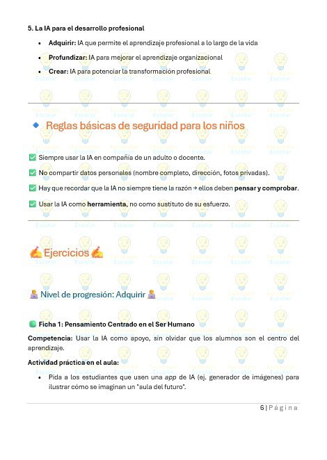 Maual para el uso de IA en el Aula 4 Una página de un documento educativo en español muestra iconos de colores y texto sobre IA para el desarrollo profesional, normas básicas de seguridad para niños, ejercicios y una actividad de aprendizaje centrada en el ser humano.