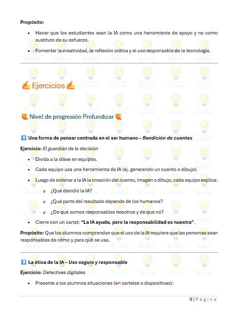 Maual para el uso de IA en el Aula 5 Página de un documento educativo con secciones tituladas "Ejercicios" y "Nivel de progresión Profundizar". Enumera actividades relacionadas con la IA, utiliza emojis e incluye viñetas y texto resaltado.