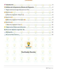 Maual para el uso de IA en el Aula 8 Página de índice en español con temas como introducción, niveles de competencia, normas de seguridad, ejercicios, sugerencias finales para los profesores, bibliografía, recursos digitales y electrónicos, y números de página enumerados.