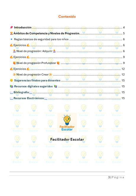 Maual para el uso de IA en el Aula 3 Página de índice en español con temas como introducción, niveles de competencia, normas de seguridad, ejercicios, sugerencias finales para los profesores, bibliografía, recursos digitales y electrónicos, y números de página enumerados.