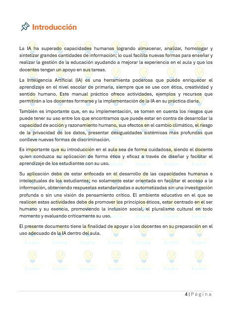 Maual para el uso de IA en el Aula 2 En una página titulada "Introducción" se explica cómo la inteligencia artificial (IA) puede ayudar a los profesores a innovar, apoyar la ética, la creatividad y la toma de decisiones en la educación. El texto hace hincapié en el uso responsable de la IA en el aula.