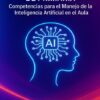 Portada de una guía titulada "Guía para Docentes de Primaria" con una silueta de neón de una cabeza humana, un microchip con la etiqueta "AI" en su interior y un texto sobre habilidades de AI para profesores; incluye ejercicios prácticos.