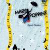 Ilustración de Mary Poppins flotando con un paraguas, enmarcada por una cinta métrica amarilla, sobre un fondo azul texturizado con siluetas de casas debajo. El texto lee "Agenda Escolar y/o Personal Mary Poppins".