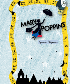 Ilustración de Mary Poppins flotando con un paraguas, enmarcada por una cinta métrica amarilla, sobre un fondo azul texturizado con siluetas de casas debajo. El texto lee 