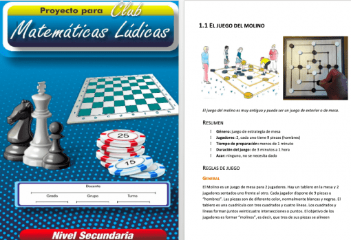 Una página de un libro educativo sobre el juego de mesa "el juego del molino" que presenta las reglas del juego y una ilustración en color de dos niños jugando en una mesa, y una imagen insertada del tablero y las piezas del juego.