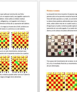La imagen muestra dos páginas de un libro, cada una con ilustraciones de juegos de mesa (damas y tres en raya) con explicaciones en español, junto con una foto de una mano moviendo una pieza de dama.