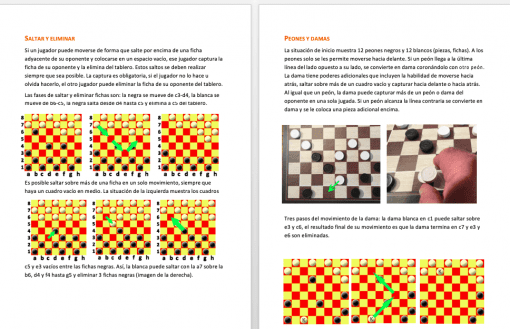 La imagen muestra dos páginas de un libro, cada una con ilustraciones de juegos de mesa (damas y tres en raya) con explicaciones en español, junto con una foto de una mano moviendo una pieza de dama.
