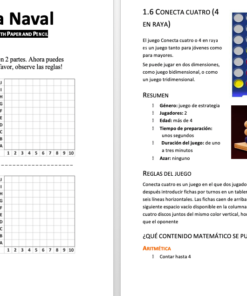 Imagen dividida en dos partes: el lado izquierdo muestra una hoja del juego 'acorazado' con una cuadrícula e instrucciones en español. El lado derecho muestra un juego educativo para niños 