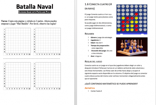Imagen dividida en dos partes: el lado izquierdo muestra una hoja del juego 'acorazado' con una cuadrícula e instrucciones en español. El lado derecho muestra un juego educativo para niños "conecta cuatro" con discos azules y amarillos.
