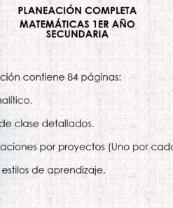 Una portada de documento titulada "Planeación Completa Matemáticas 1er Año Secundaria" enumera los contenidos: 84 páginas, plan analítico, planes de clase detallados, tres planes de proyectos (uno por bloque) y un test de estilo de aprendizaje.
