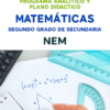 Portada de un plan de estudios de matemáticas de secundaria mexicano. Incluye reglas, una calculadora, una mano dibujando un triángulo y ecuaciones matemáticas. El texto dice: "Matemáticas Segundo Grado de Secundaria NEM".