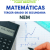 Portada de un programa de matemáticas de secundaria mexicano que muestra una calculadora, una mano escribiendo una gráfica y la ecuación y = x² - 2x + 3, y texto sobre el plan de estudios para matemáticas de tercer grado de Nueva Escuela Mexicana.