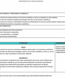 Esta imagen muestra un diagrama de flujo educativo estructurado en español para una clase de álgebra y matemáticas de tercer grado, que describe objetivos, competencias, metodología de enseñanza, cronograma, actividades y referencias.