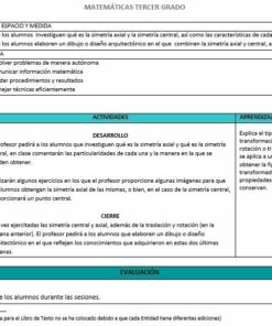 Documento de panorama educativo de matemáticas de tercer grado, estructurado en columnas que detallan objetivos, temática, contenido, desarrollo, cierre y evaluación relacionados con figuras y cuerpos. texto en español.