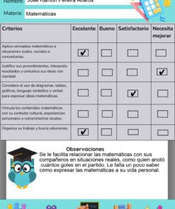Una rúbrica de matemáticas en español para tercer grado, que enumera criterios como la aplicación de conceptos y el uso de diagramas. Cuatro columnas de calificación: Excelente, Bueno, Satisfactorio, Necesita mejorar. Incluye observaciones e ilustraciones decorativas de temática escolar.