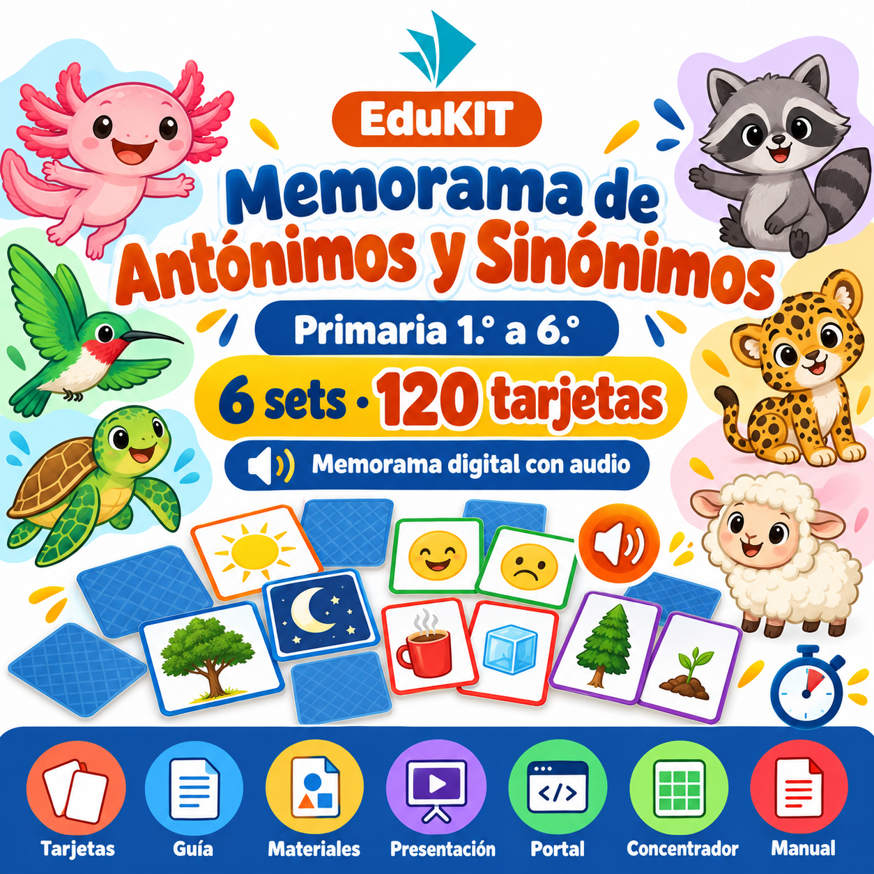 EduKIT Memorama de Antónimos y Sinónimos para Primaria | 120 Tarjetas, 6 Sets y Portal con Audio 1 EduKIT Memorama de Antónimos y Sinónimos para Primaria | 120 Tarjetas, 6 Sets y Portal con Audio