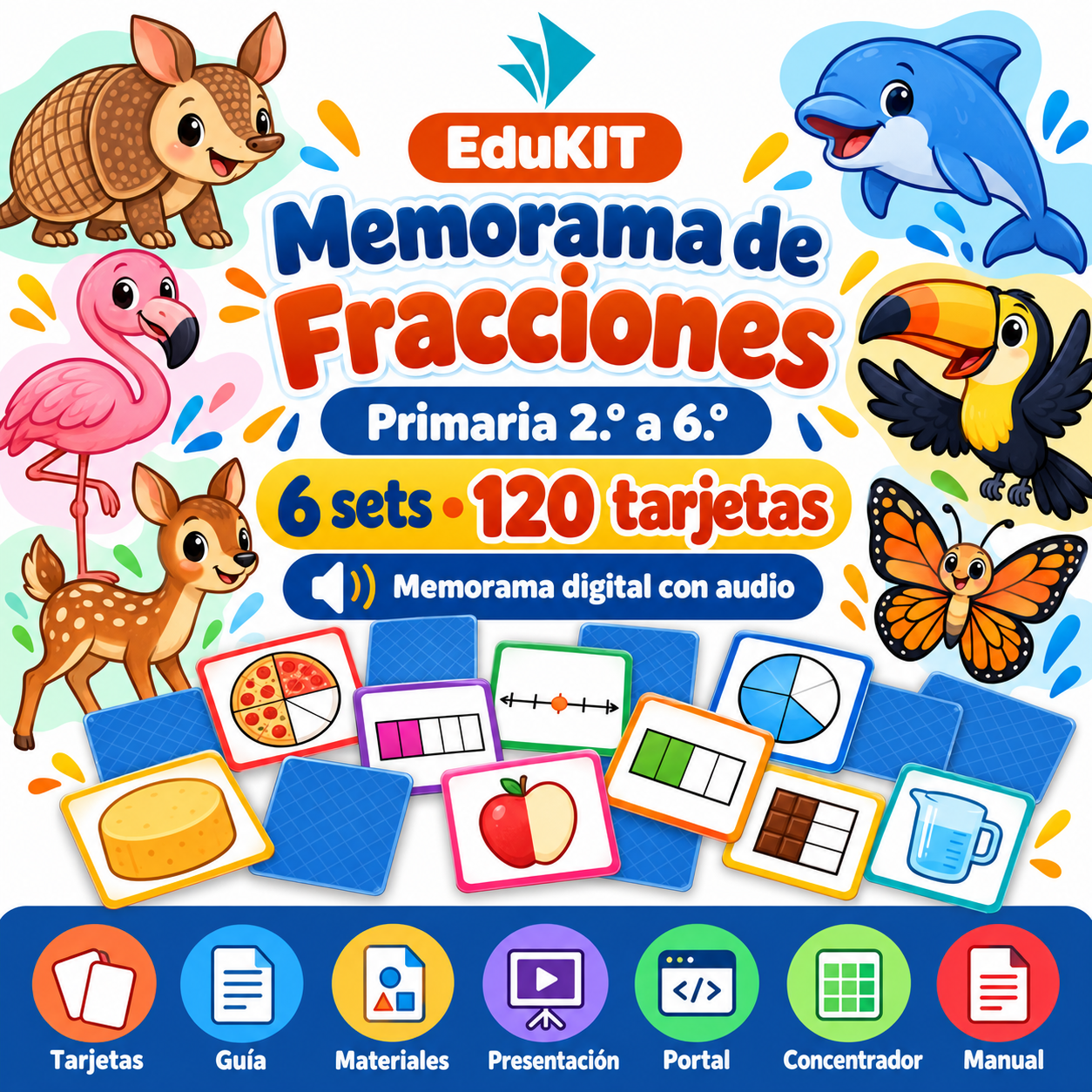 EduKIT Memorama de Fracciones para Primaria | 120 Tarjetas, 6 Sets y Portal Digital con Audio 1 EduKIT Memorama de Fracciones para Primaria | 120 Tarjetas, 6 Sets y Portal Digital con Audio