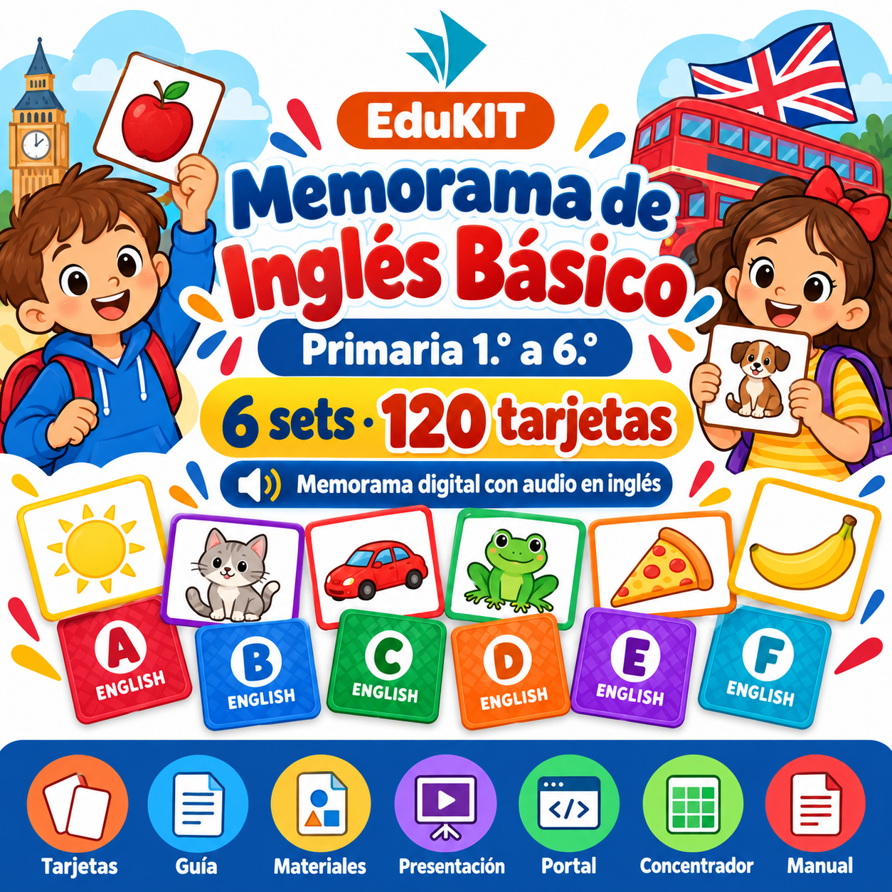 EduKIT Memorama de Inglés Básico para Primaria | 120 Tarjetas, 6 Sets y Portal con Audio en Inglés 1 EduKIT Memorama de Inglés Básico para Primaria | 120 Tarjetas, 6 Sets y Portal con Audio en Inglés