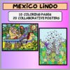 Un cartel colorido titulado "México Lindo 2" con ilustraciones caprichosas ideales para un restaurante mexicano. El lado izquierdo muestra a una familia montada en un carro tirado por caballos, rodeada de plantas vibrantes y un sol sonriente. El lado derecho muestra animales entre diferentes plantas de cactus. El texto dice "10 páginas para colorear, 20 carteles colaborativos.