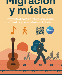 Cartel titulado "Migración y música" con siluetas de personas con mochilas, una guitarra, notas musicales, un código QR y logotipos digitales. El subtítulo menciona un proyecto educativo que utiliza música y herramientas digitales.