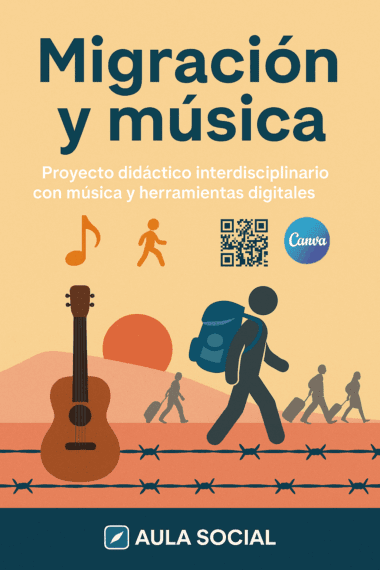 Cartel titulado "Migración y música" con siluetas de personas con mochilas, una guitarra, notas musicales, un código QR y logotipos digitales. El subtítulo menciona un proyecto educativo que utiliza música y herramientas digitales.