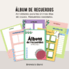 Cinco coloridas hojas de actividades de álbum de recuerdos escolares y un cuadernillo central titulado "Álbum de recuerdos de mi escuela" con espacio para autógrafos, mejores momentos, metas, contactos y amigos sobre un fondo claro.