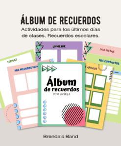 Cinco coloridas hojas de actividades de álbum de recuerdos escolares y un cuadernillo central titulado "Álbum de recuerdos de mi escuela" con espacio para autógrafos, mejores momentos, metas, contactos y amigos sobre un fondo claro.
