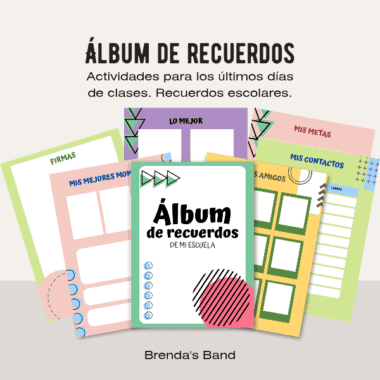 Cinco coloridas hojas de actividades de álbum de recuerdos escolares y un cuadernillo central titulado "Álbum de recuerdos de mi escuela" con espacio para autógrafos, mejores momentos, metas, contactos y amigos sobre un fondo claro.