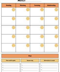 Un planificador imprimible para profesores | 2023-2024 con una plantilla mensual con espacios en blanco para completar el mes y las fechas. Cada día tiene un pequeño círculo amarillo. A continuación se encuentran las secciones 