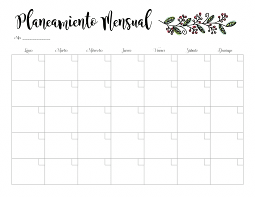 Un Planeador Mensual, Semanal y Diario en español titulado "Planeamiento mensual", que presenta una cuadrícula de días, etiquetada de lunes a domingo, decorada con un motivo floral en la esquina superior derecha.