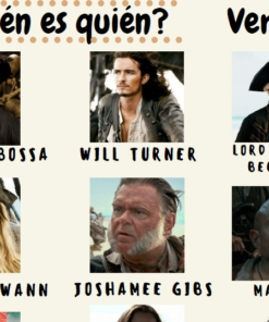 Una cuadrícula que muestra personajes de una película de piratas. De izquierda a derecha, fila superior: Héctor Barbossa, Will Turner, Lord Cutler Beckett; fila del medio: Elizabeth Swann, Joshamee Gibbs, Marty. El título dice "¿Quién es quién? Versión Pirata". Cada personaje viene con una breve descripción física.